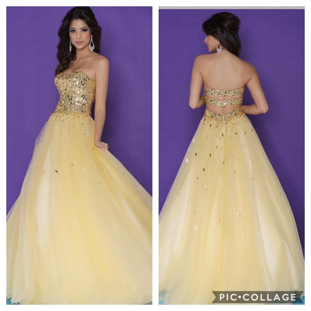 Blush strapless beaded bodice long ball Gown